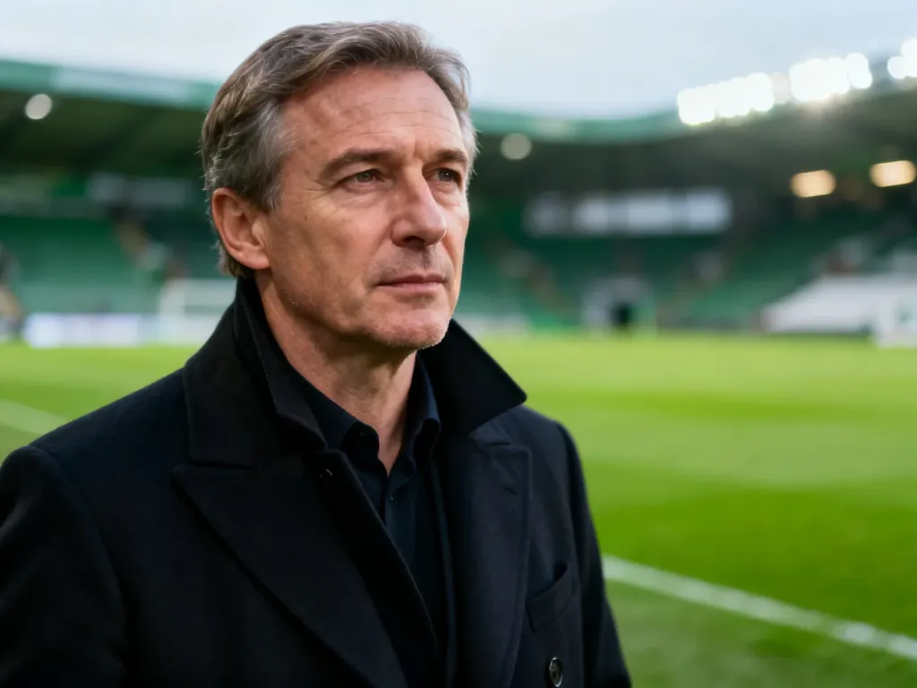 Michał Probierz w eleganckim płaszczu na murawie stadionu, patrzący z uwagą przed siebie.