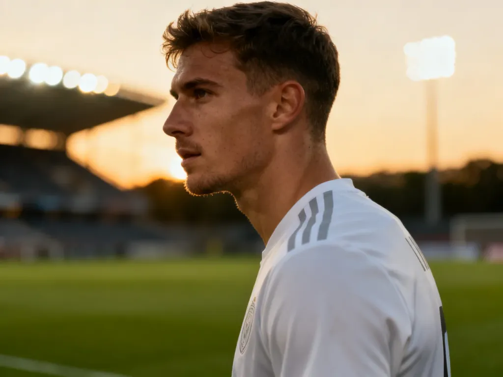 Profesjonalny portret piłkarza Benjamina Mendy’ego na tle oświetlonego stadionu.