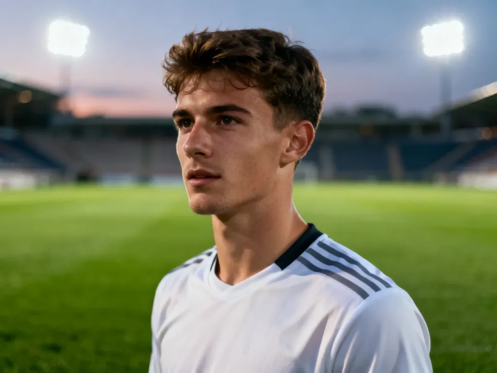 Portret piłkarza Rodrygo w stroju sportowym na murawie stadionu w świetle jupiterów.