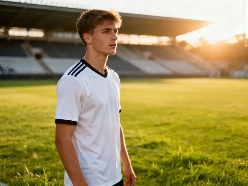 Marcus Rashford w profesjonalnym stroju piłkarskim na murawie stadionu w świetle zachodzącego słońca.
