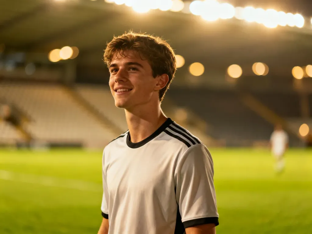 Profesjonalny portret piłkarza Tymoteusza Puchacza na murawie stadionu podczas zachodu słońca.
