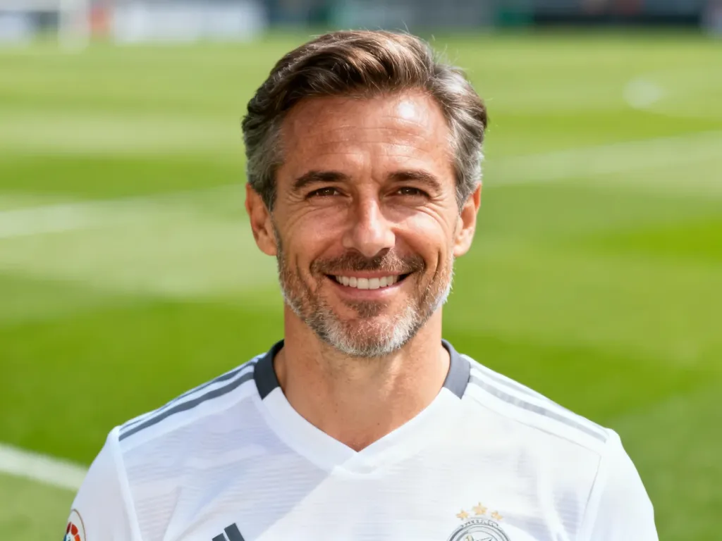 Portret Lukasa Podolskiego w stroju sportowym na tle murawy stadionu.